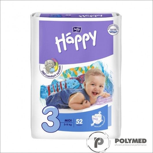 Scutece copii Happy Midi 52, 5-9 kg - Polymed