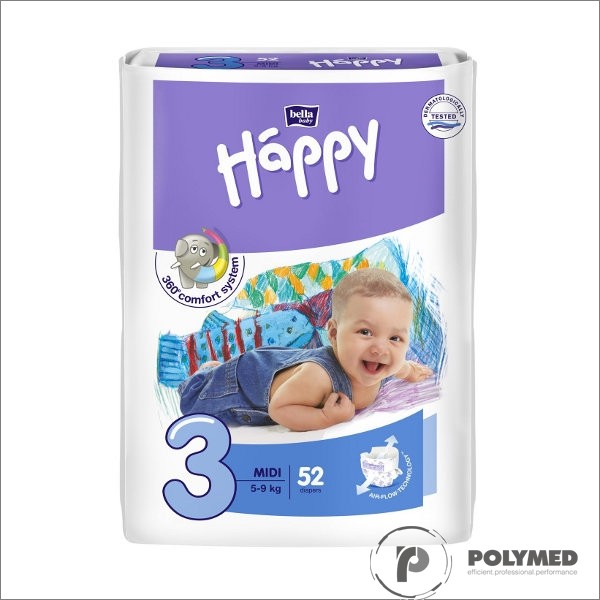 Scutece copii Happy Midi 52, 5-9 kg - Polymed